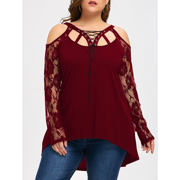 Rosegal for Curves Collection Tops - Halloween Plus Size Cold Shoulder Lace Up Top Red